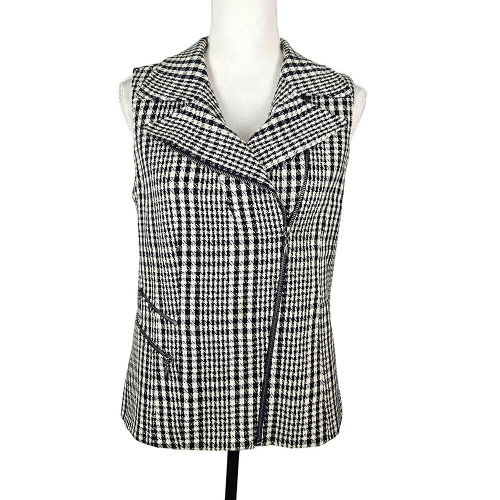 Chico's Womens Small Houndstooth Sleeveless Vest Zipper Pockets Asymmetrical